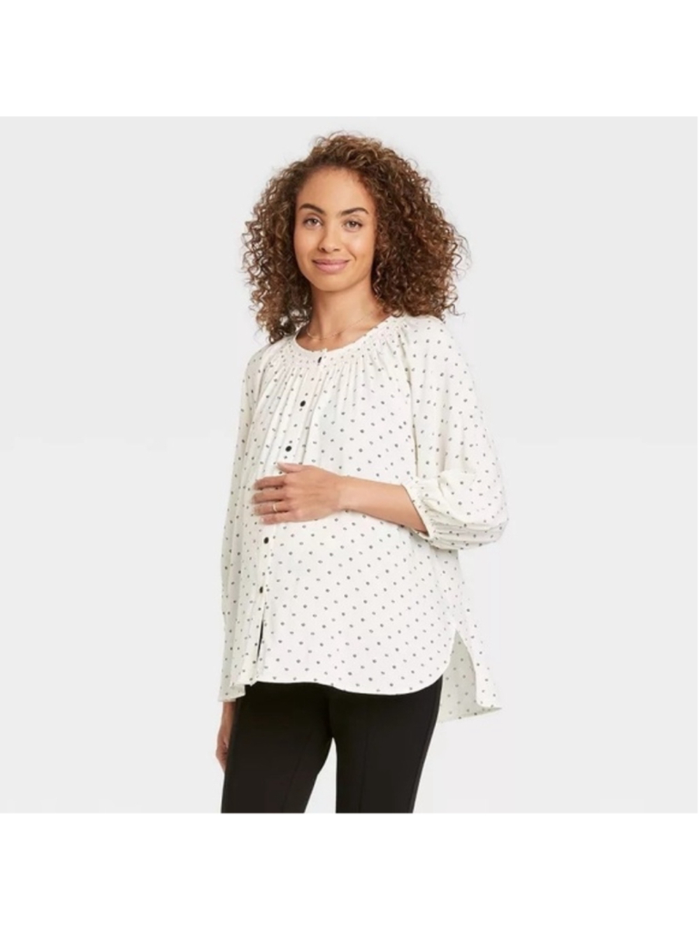 The Nines by HATCH Maternity Peasant Blouse Large White Black Print